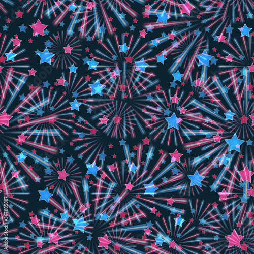 Seamless holiday pattern.Red, blue stars on a dark blue background.