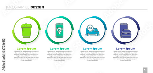Set Coffee cup to go, Food ordering pizza, Fast delivery by car and Online ordering and delivery. Business infographic template. Vector.