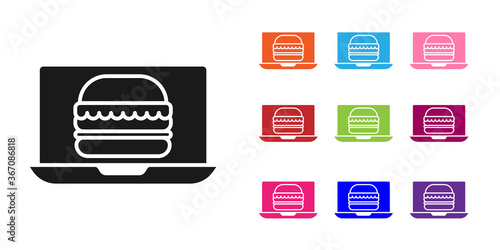 Black Online ordering and burger delivery icon isolated on white background. Set icons colorful. Vector Illustration.