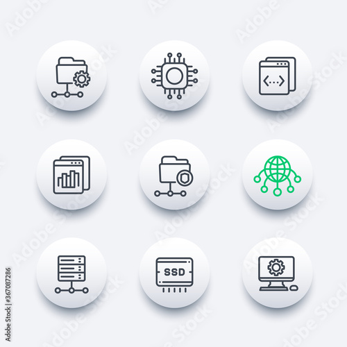 hosting, networks, ftp, servers, data storage icons set