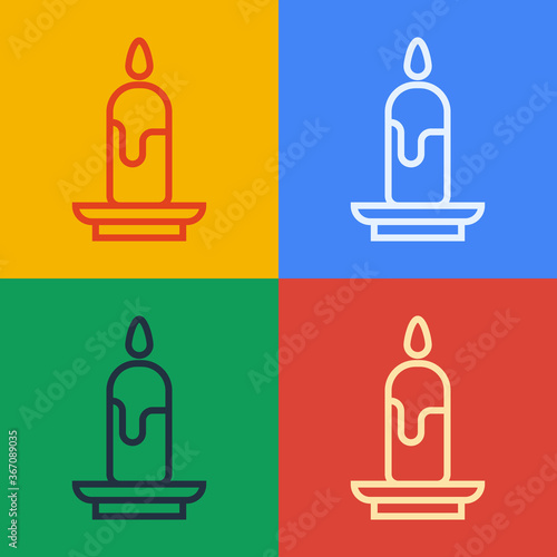 Pop art line Burning candle icon isolated on color background. Cylindrical candle stick with burning flame. Vector Illustration.