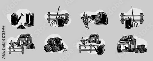illustration of scenes from rural farm life hand drawn illustration. Vector