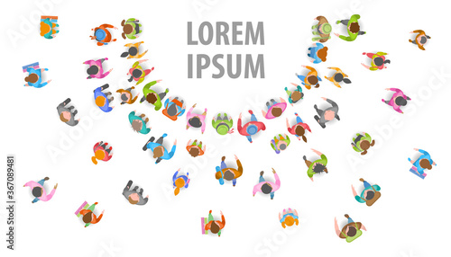 People run to the sales event. Top view. A group of different people running. View from above. Space for text.