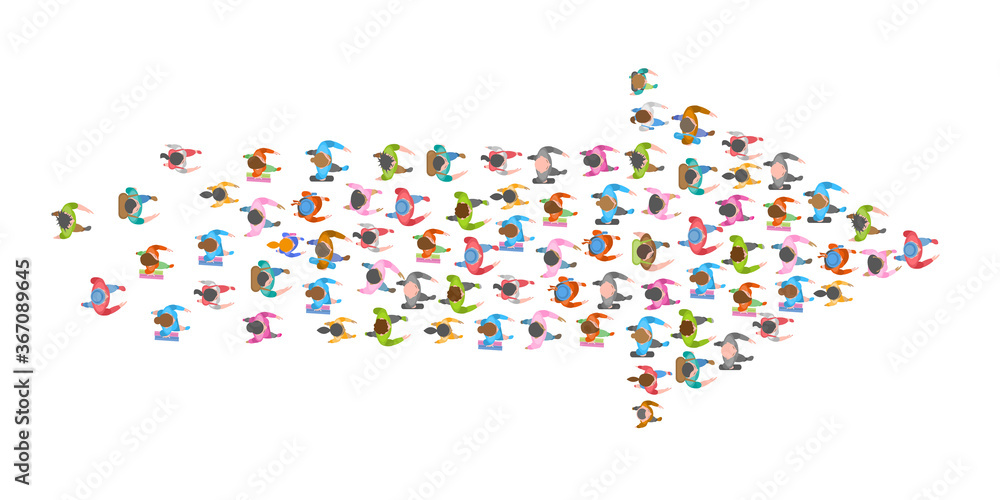 A group of people in the shape of an arrow. Top view. Crowded people vector arrow symbol. View from above. Way to success business concept. 