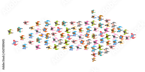 A group of people in the shape of an arrow. Top view. Crowded people vector arrow symbol. View from above. Way to success business concept. 