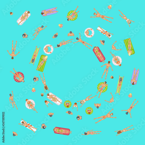 People swim on inflatable circles, inflatable mattresses, surfboards. Top view. Summer time. Men and women swim in the ocean, sea, water. 