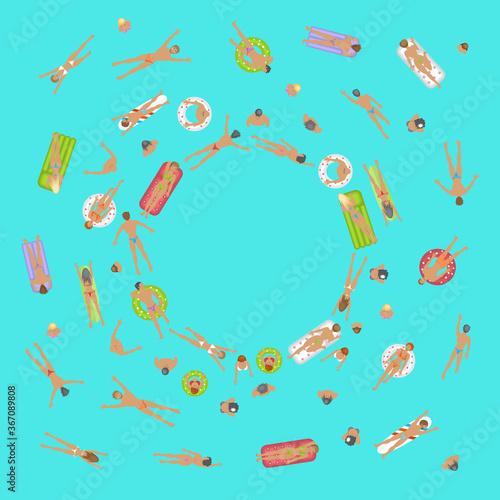 People swim on inflatable circles, inflatable mattresses, surfboards. Top view. Summer time. Men and women swim in the ocean, sea, water. 