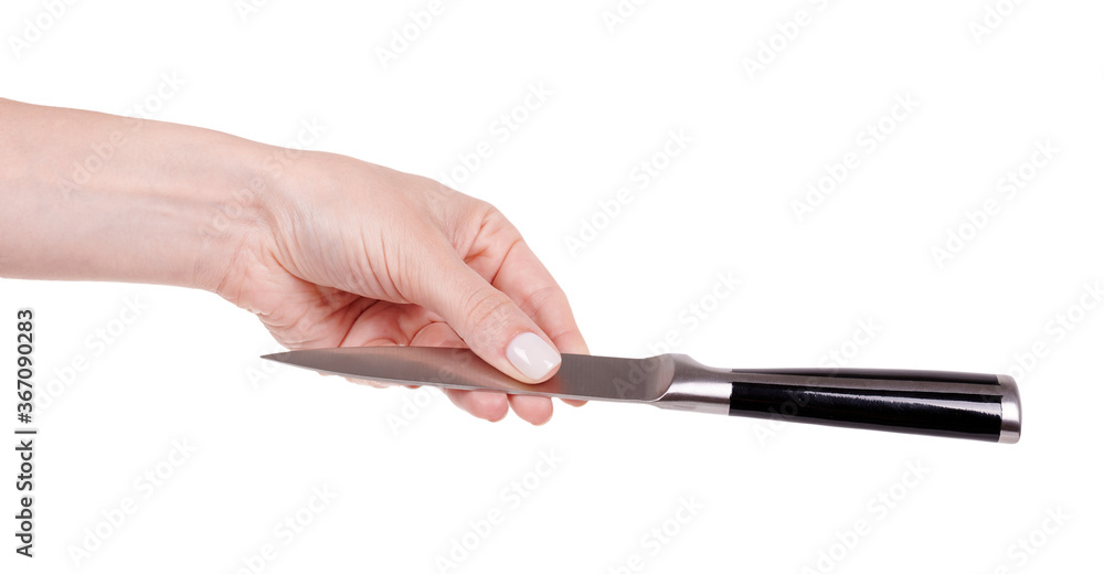 Hand with steel kitchen knife, domestic utensil. Isolated on white background. Hand with steel kitchen knife, domestic utensil. Isolated on white background.