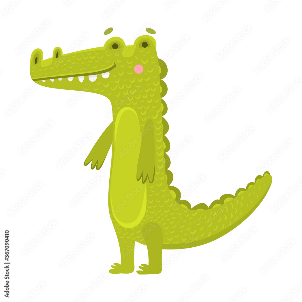 Fototapeta premium Vector illustration of a cute crocodile in cartoon hand drawn flat style. Kind green aligator from safari, jungle. Funny animal for printing on clothes, stationery, logo, design of goods for children