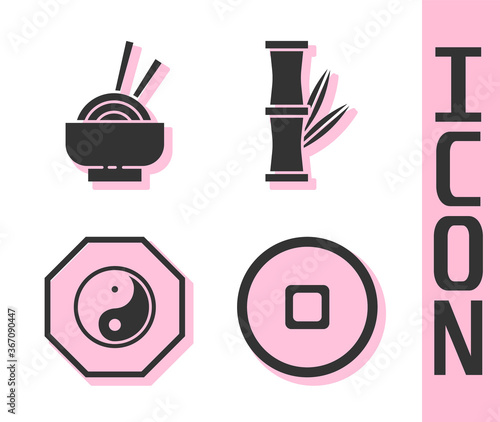 Set Chinese Yuan currency, Asian noodles in bowl, Yin Yang and Bamboo icon. Vector.