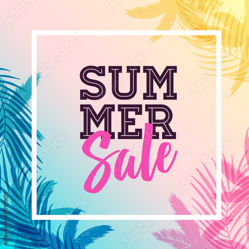 Summer sale banner with palm leaves background