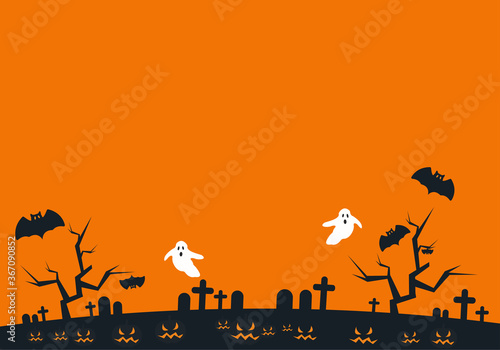 Vector illustration for halloween. A cemetery with ghosts and vampire bats. At the top, there is a blank copy space or space for text