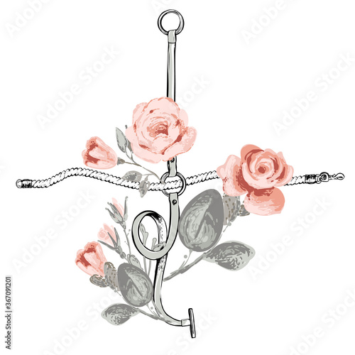 Leather belt cross rope pastel gray pink roses. Fashion element. Vintage floral sketch template on white background. Baroque fabric design