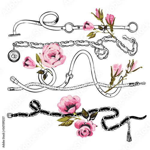 Horizontal white stripes belts green pink roses t-shirt design. Fashion template. Vintage floral sketch illustration on white background. Baroque fabric design