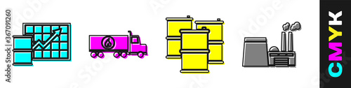 Set Oil price increase, Tanker truck, Barrel oil and Oil industrial factory building icon. Vector.