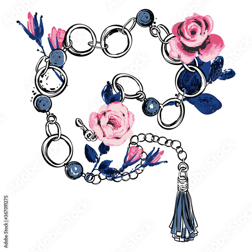 Chain belt bracelet blue pink roses. Fashion t-shirt design. Vintage floral sketch element on white background. Baroque fabric design