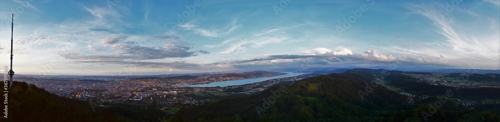 Panorama from the Uetliberg on Zurich Switzerland in the evening