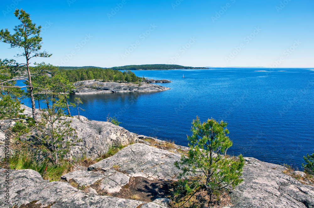 View from Koyonsaari Island to Sammalsaari. Bay Tervu. Ladoga lake. Karelia. Russia