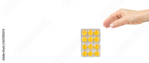 Throat ache pills in bister, isolated on white background. Copy space template, banner.