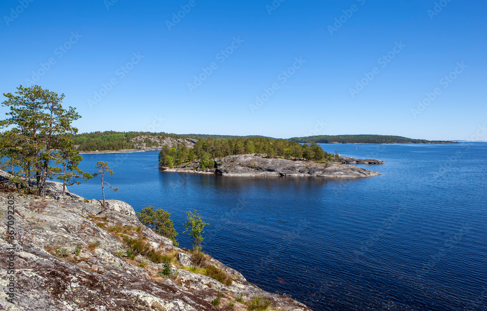 View from Koyonsaari Island to Sammalsaari. Bay Tervu. Ladoga lake. Karelia. Russia