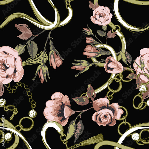 Pattern with green crossing belts pastel roses. Vintage floral sketch seamless pattern on black background. Baroque fabric design. Flowers on belts, nature and art.