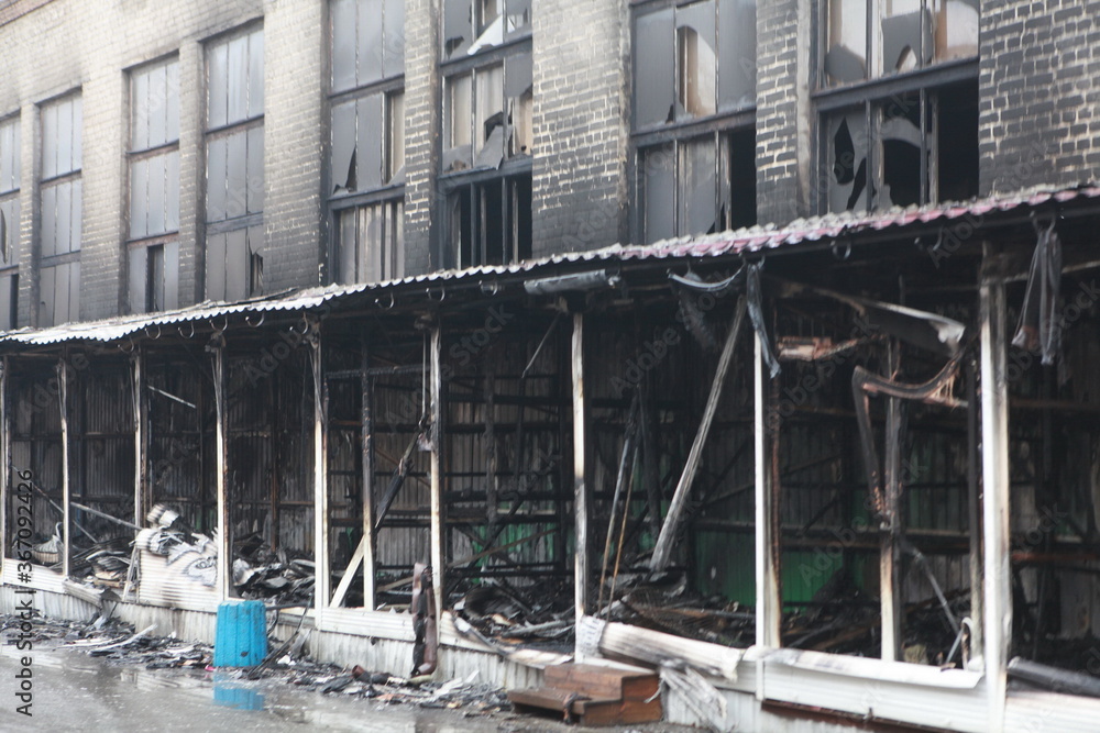 Burnt down building. Fire. Burnt out shops. Kiev. Building after the fire.