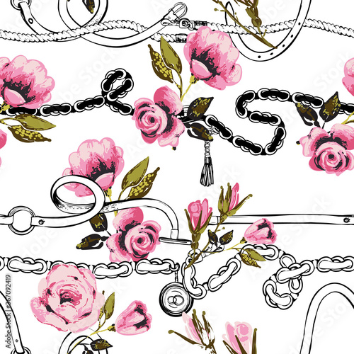 Fashion pattern with horizontal white stripes belts and roses. Flowers on belts, nature and art. Vintage floral sketch seamless pattern on white background. Baroque fabric design.