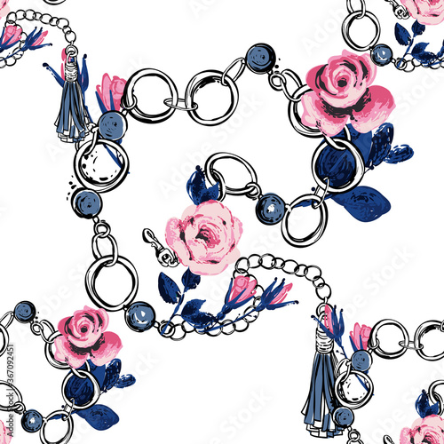 Fashion pattern with chain belt blue pink roses. Vintage floral sketch seamless pattern on white background. Baroque fabric design. Flowers on belts, nature and art.