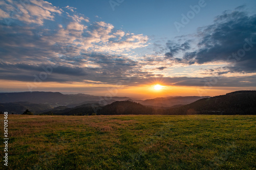 A sunset viewed from a mountain in the national park Black Forest in Germany  near Oppenau   Freudenstadt   Kniebis