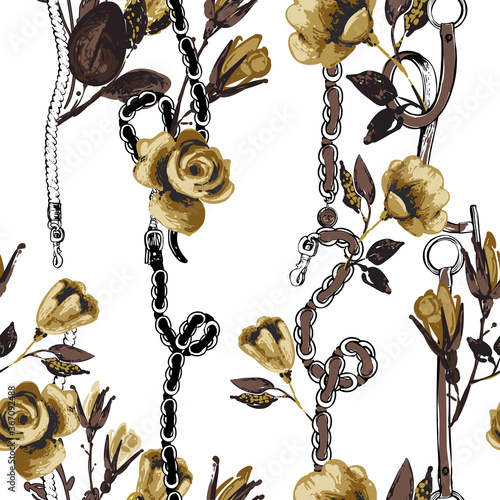 Fashion pattern with vertical stripes golden belts gold roses. Vintage floral sketch seamless pattern on white background. Baroque fabric design. Flowers on belts, nature and art.