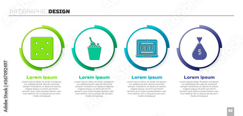 Set Game dice, Champagne in an ice bucket, Laptop and slot machine and Money bag. Business infographic template. Vector.
