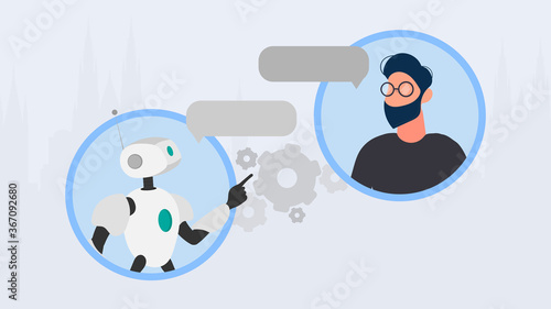 Fototapeta Naklejka Na Ścianę i Meble -  Chatbot banner. A robot in dialogue with a man. Suitable for apps, sites and topics related to automatic replies and artificial intelligence. Vector.