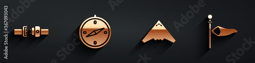 Set Safety belt, Compass, Jet fighter and Cone meteorology windsock wind vane icon with long shadow. Vector.