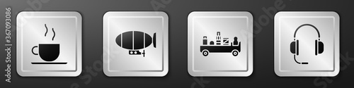 Set Coffee cup, Airship, Airport luggage towing truck and Headphones with microphone icon. Silver square button. Vector.