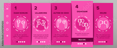Wireless Earbuds Stereo Device Onboarding Mobile App Page Screen Vector. Of Airpods Wireless Headphones Gadget For Listen Music And Hands Free Tool Illustrations
