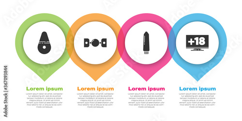 Set Dildo vibrator, Silicone ball gag with belt, Dildo vibrator and Monitor with 18 plus content. Business infographic template. Vector.