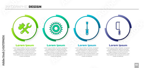 Set Hammer and wrench spanner, Circular saw blade, Screwdriver and Hacksaw. Business infographic template. Vector.