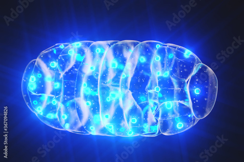 Mitochondrion mitochondria mitochondrium with blue light on dark background with lens effects. 3d render photo