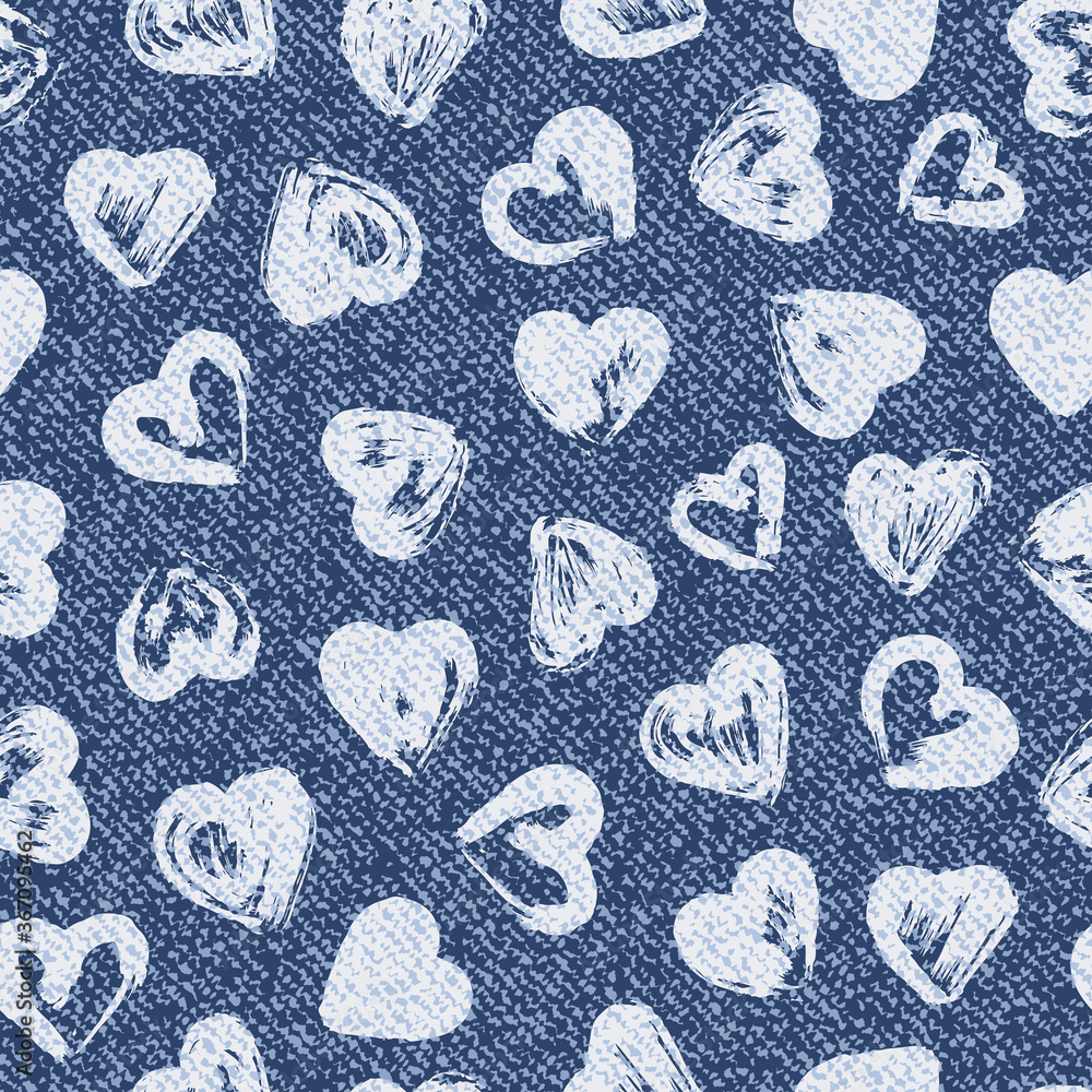 Vector Valentine background. Paint Hearts brush strokes. Jeans background with hearts. Denim seamless pattern. Blue jeans cloth.
Vector Valentine background. Paint Hearts brush strokes. Jeans background with hearts. Denim seamless pattern. Blue jeans cloth.