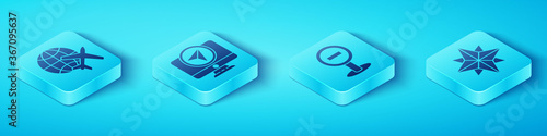 Set Isometric Globe with flying plane, Monitor with location marker, Wind rose and Stop sign icon. Vector.