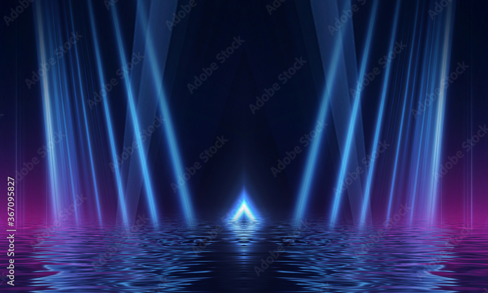 Empty dark abstract background. background of empty show scene. glow of neon lights and neon figures on an empty concert stage. reflection of light on the pavement.