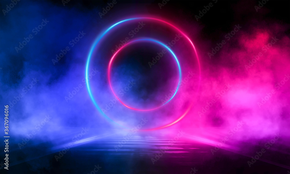 Empty dark abstract background. background of empty show scene. glow of neon lights and neon figures on an empty concert stage. reflection of light on the pavement. Empty dark abstract background. background of empty show scene. glow of neon lights and neon figures on an empty concert stage. reflection of light on the pavement.