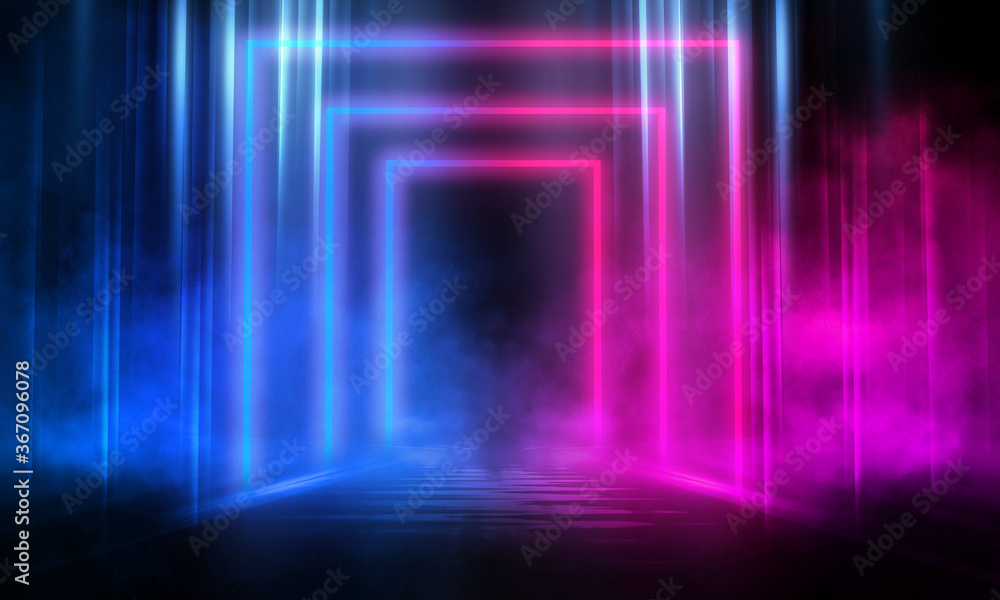 Empty dark abstract background. background of empty show scene. glow of neon lights and neon figures on an empty concert stage. reflection of light on the pavement.