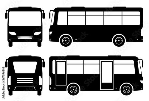 Small bus silhouette on white background. Vehicle icons set view from side, front, and back