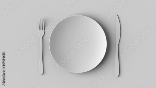 3D rendering  gray crockery on gray background. Plate, knife and fork.  Gray background. Modern design. Backgrounds for kitchen interior