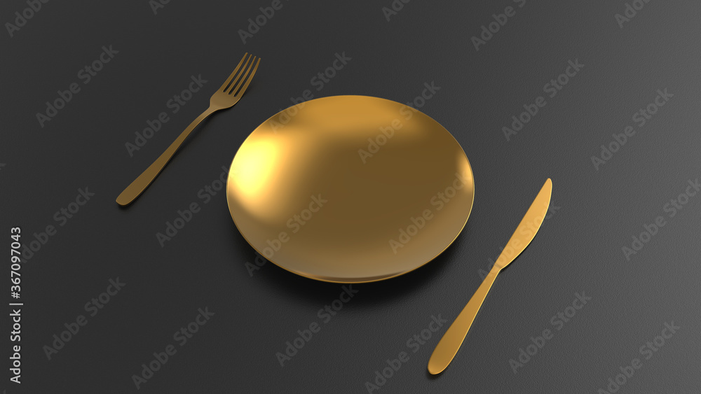 3D rendering golden crockery on black background. Plate, knife and fork. Black background. 3D rendering golden crockery on black background. Plate, knife and fork. Black background.
