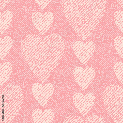 Jeans background with hearts. Vector Denim seamless pattern. Pink jeans cloth. Valentine's Day wallpaper.