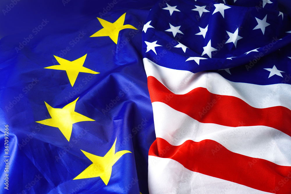 USA Flag vs Europe Flag. EU flag and American flag background. USA Flag vs Europe Flag. EU flag and American flag background.