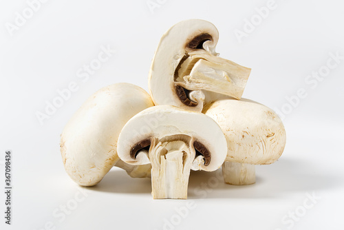 Fresh champignon mushrooms macro shoot. Close-up white champignon.