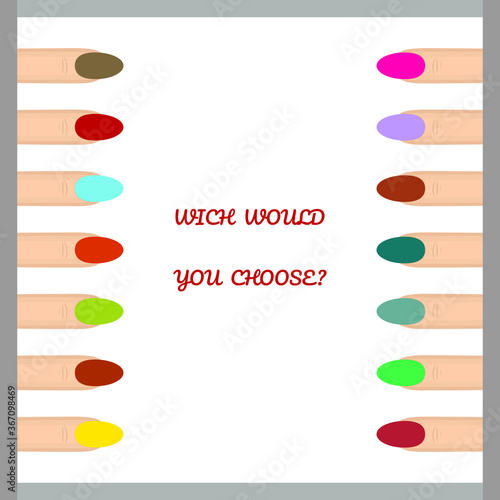 Vector illustration of nail polish in different colors being applied to nail.